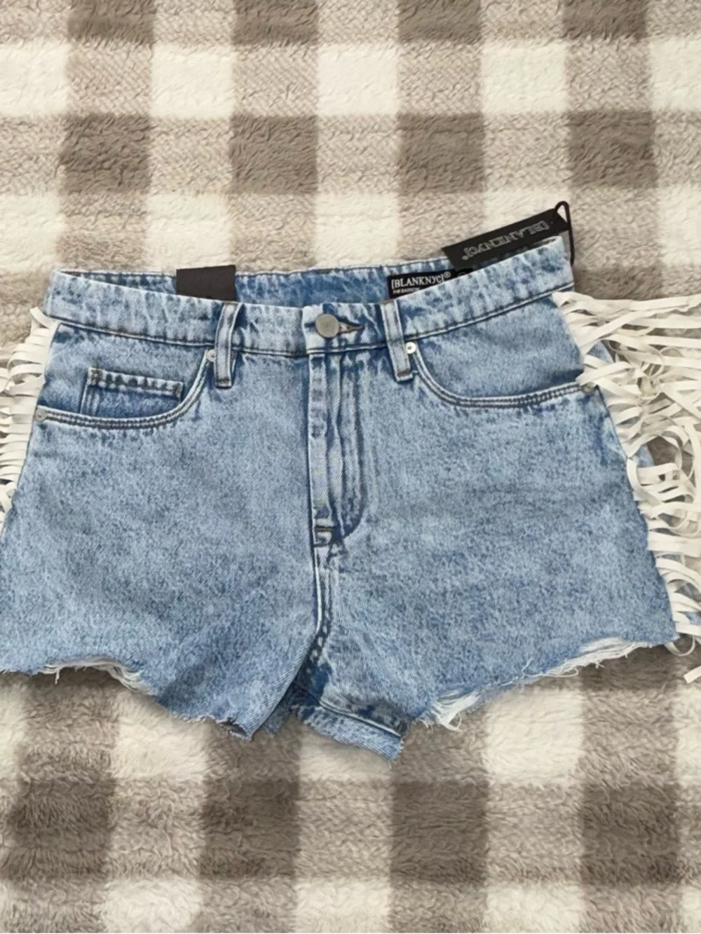 Blank NYC Light Blue Acid-Wash Denim Cutoff Shorts with Fringe - Picture 6 of 9